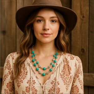 Ann Taylor Gold Tone Turquoise Rhinestone Double Chain Statement Necklace